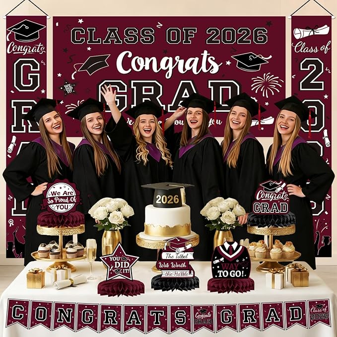 Maroon Themed Graduation Decorations Class of 2026 Congrats Grad