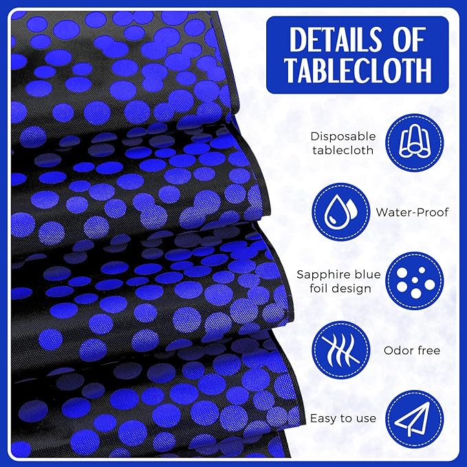 Breling 8 Pack Black and Blue Disposable Plastic Tablecloths and