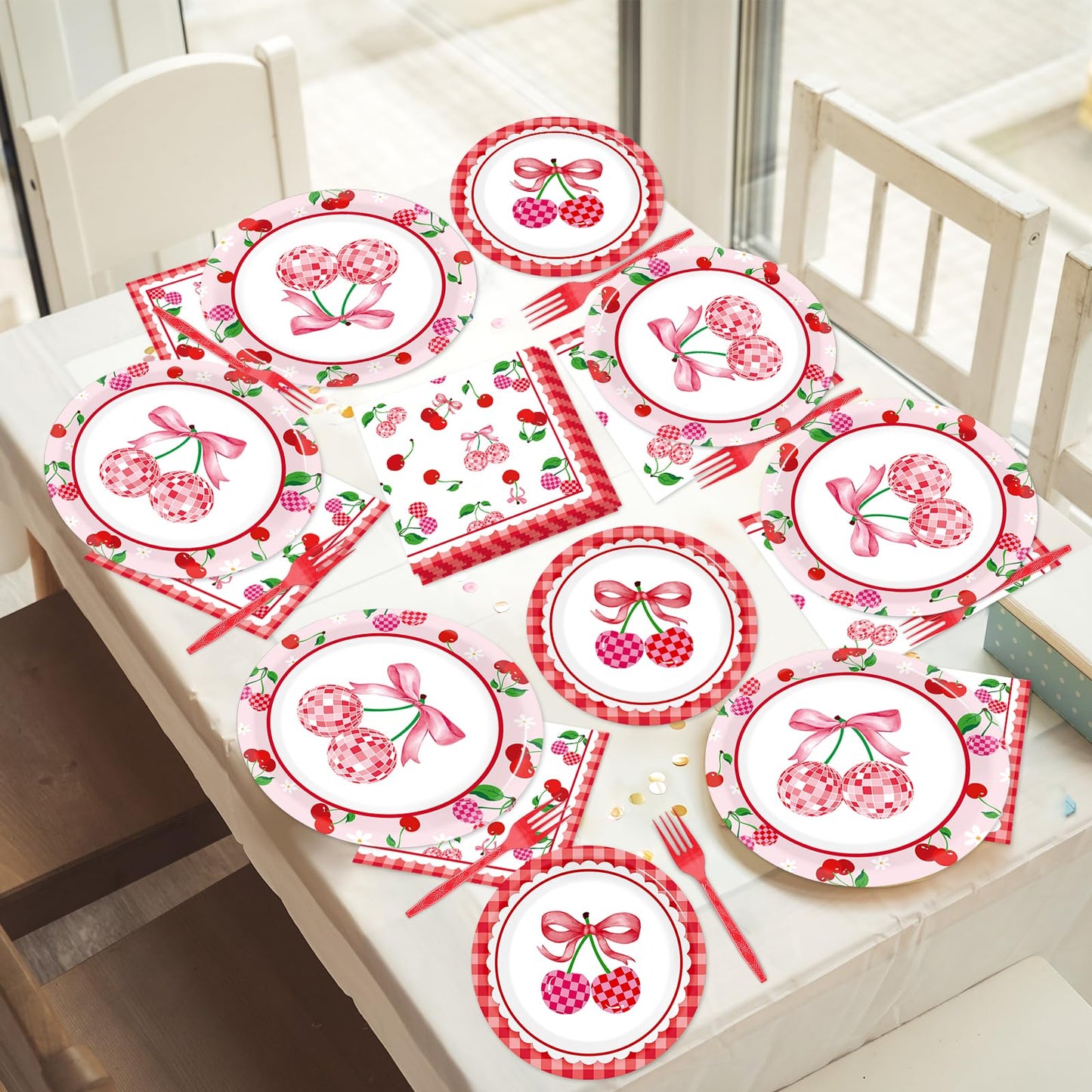 96Pcs Cherries Theme Plates and Napkins Pink Bow Cherry Birthday Party