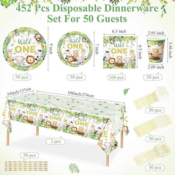 452 Pcs Wild One Birthday Party Decorations for 50 Safari Jungle