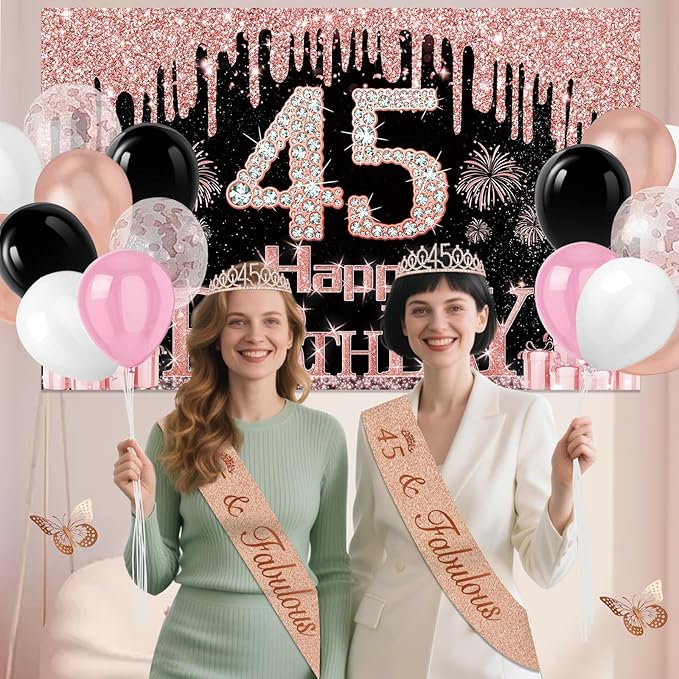 45th Birthday Decorations for Women 49pcs Black Rose Gold Black