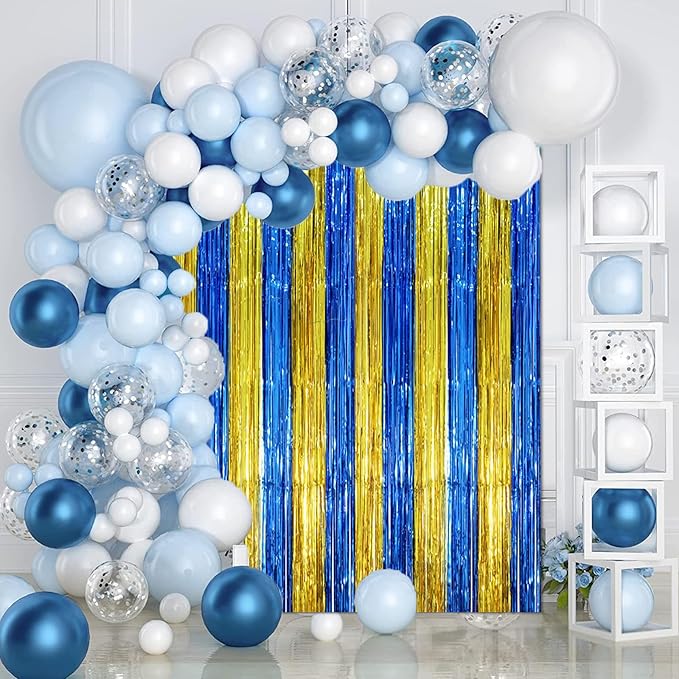 Voircoloria 3 Pack 3.3 x 8.2 ft Blue Gold Foil Fringe Backdrop