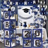 Navy Blue Graduation Decorations Class of 2026 - Balloons Boxes with
