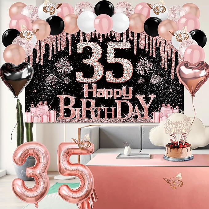 35th Birthday Decorations for Women 49pcs Black Rose Gold Black
