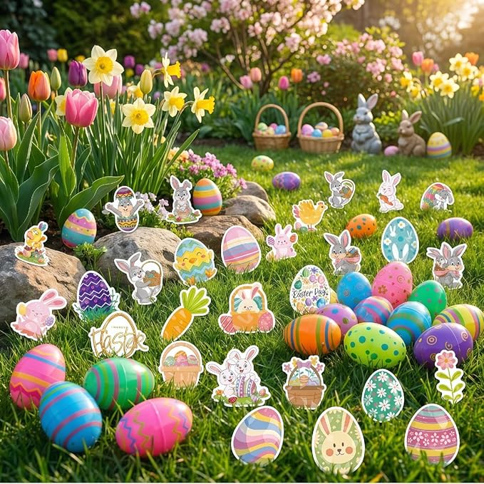 100 Pcs Printed Easter Eggs 2.3 + 100 Easter Stickers Bright Colors