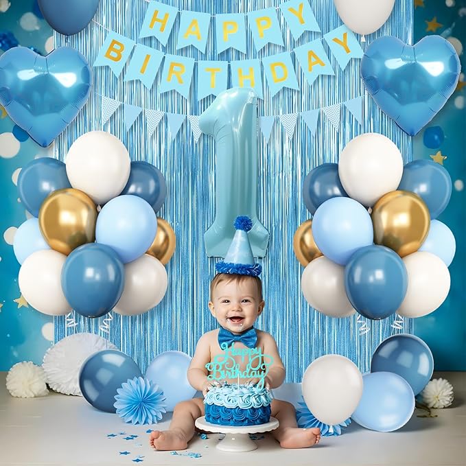 1st Birthday Decorations Blue White Gold First Birthday Balloons