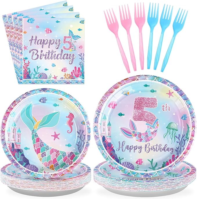 96Pcs Mermaid 5th Birthday Party Decorations Dive Into Five Party