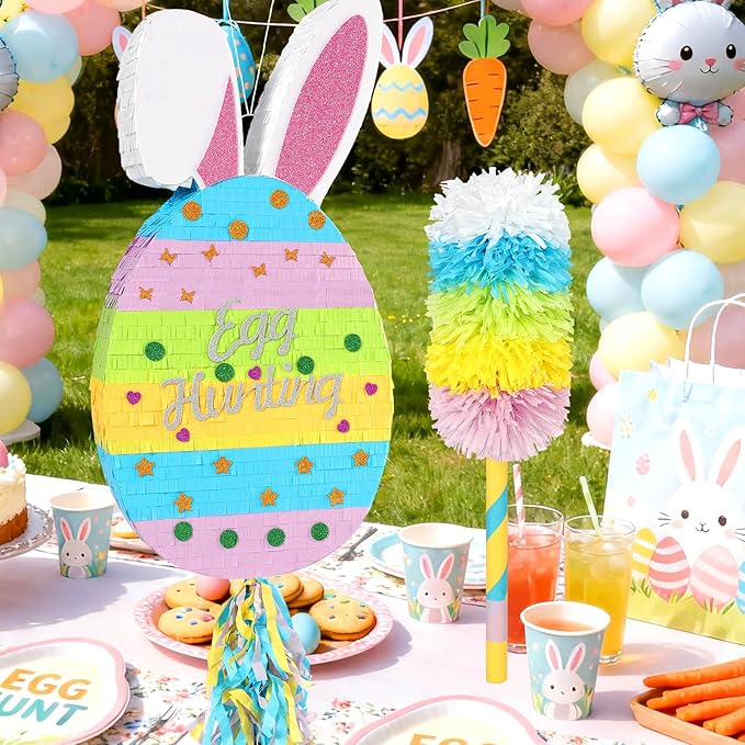 25 Easter Decorations Pinata Bunny Egg Piñata with Blindfold Bat and