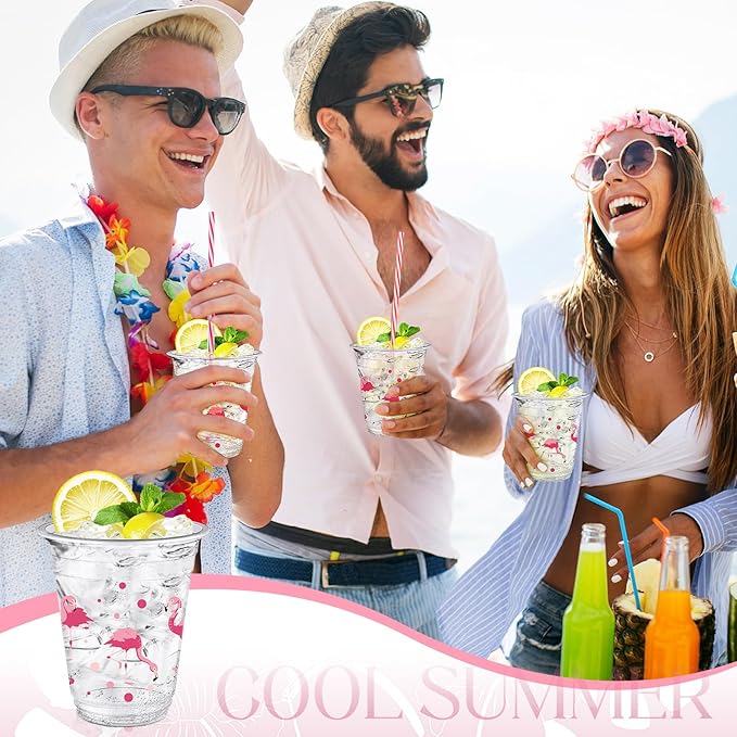 50 Pcs Flamingo Cups Bulk Hawaiian Luau Party Favor 12 oz Disposable