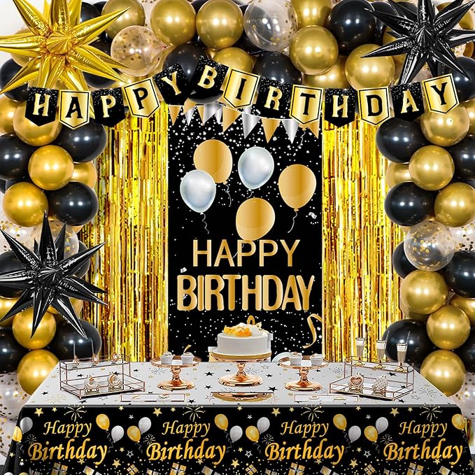 Black and Gold Birthday Decorations for Men Women Happy Birthday