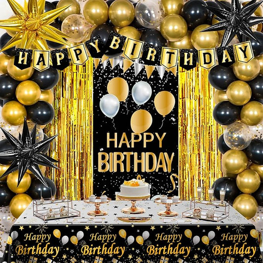 Black and Gold Birthday Decorations for Men Women Happy Birthday