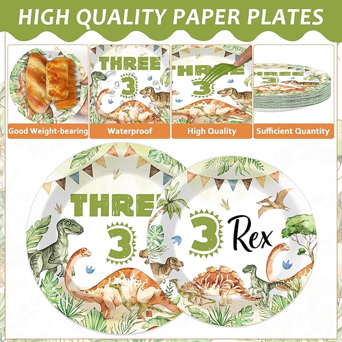 96PCS Dinosaur 3rd Birthday Party Paper Plates and Napkins and Forks