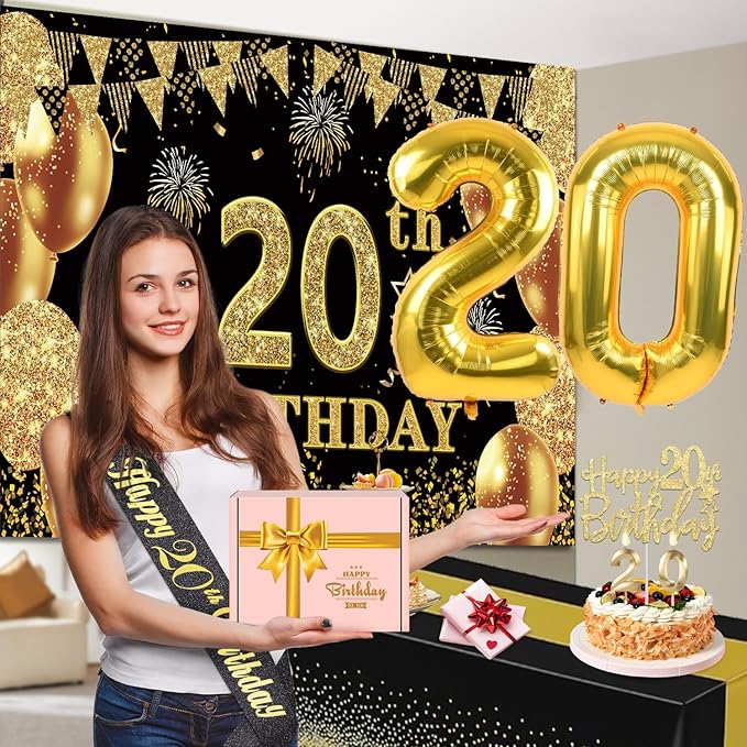 20th Birthday Decorations for Him Her with Banner Black and Gold