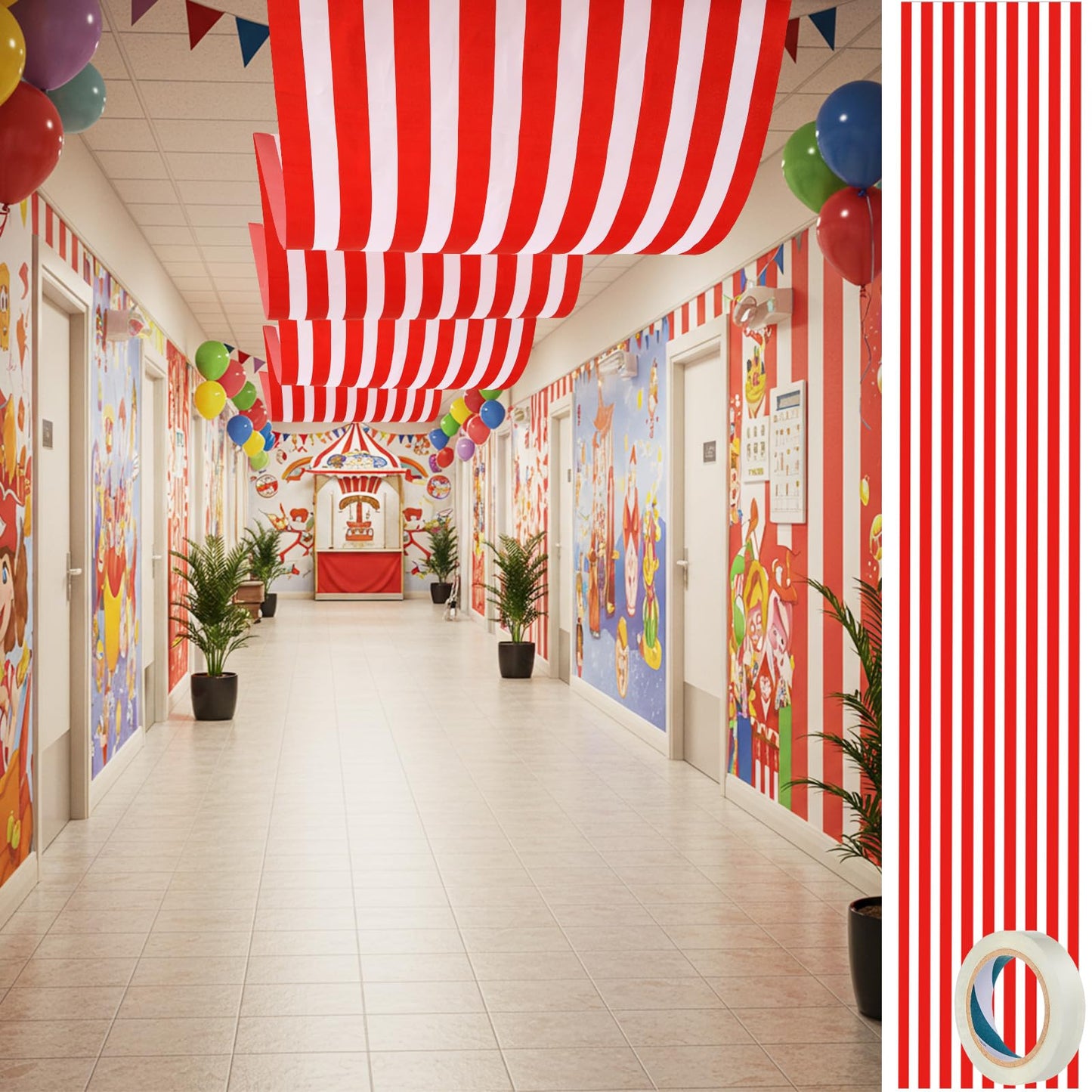 HunnmingRe 1 Pack Circus Halloween Decorations 32 Inch x 16 ft Red and