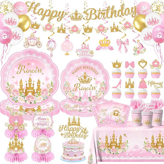 196Pcs Princess Birthday Party Decorations Serves 24 Pink Princess