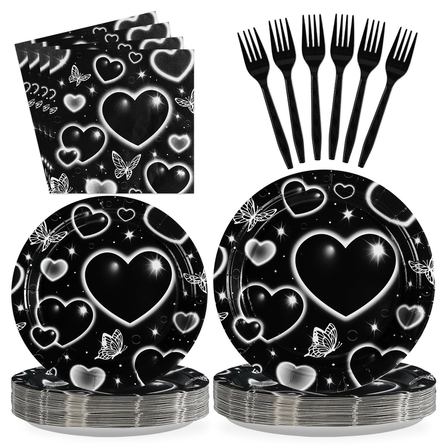 Grencian 96 Pcs 2000s Party Plates and Napkins Black Heart Tableware