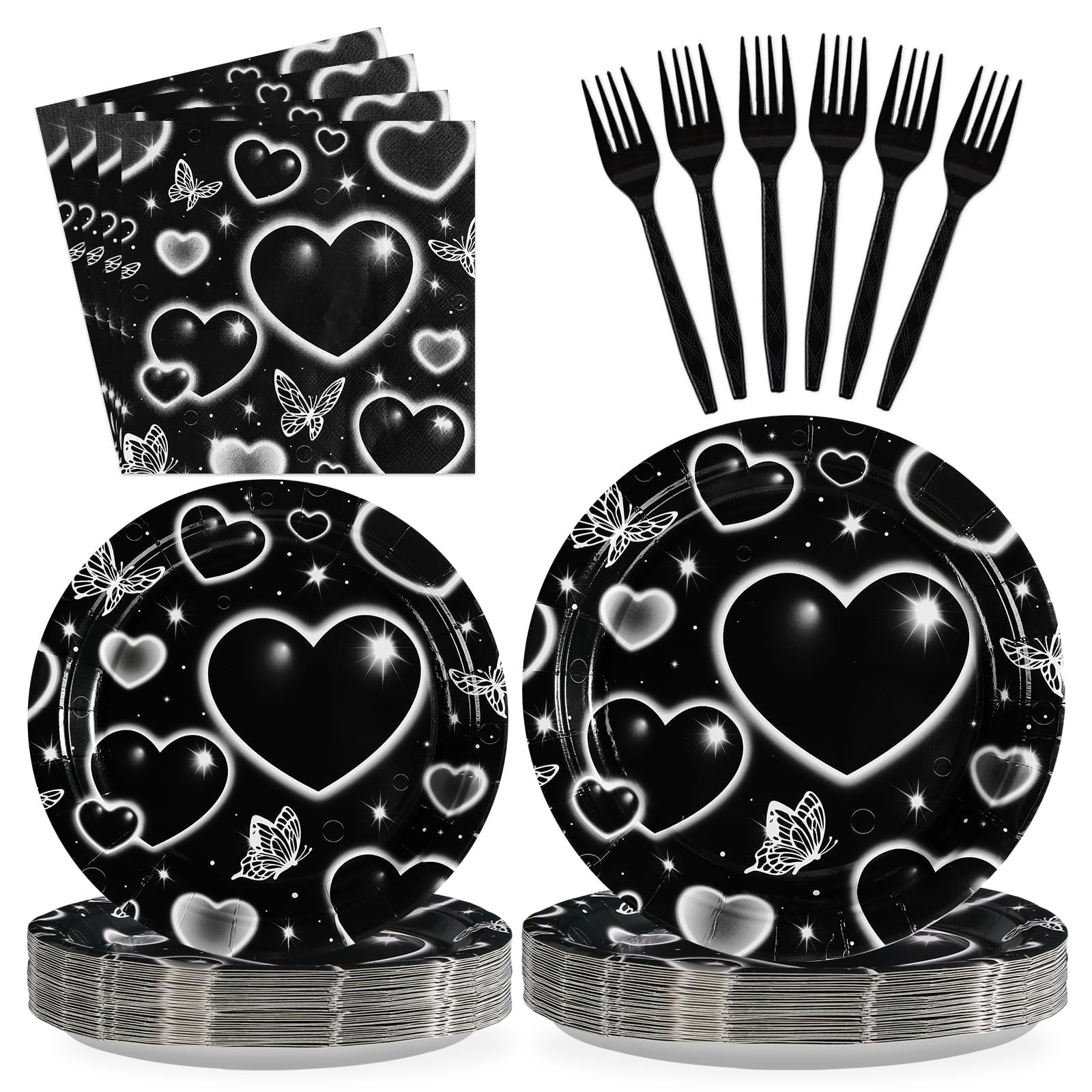 Grencian 96 Pcs 2000s Party Plates and Napkins Black Heart Tableware