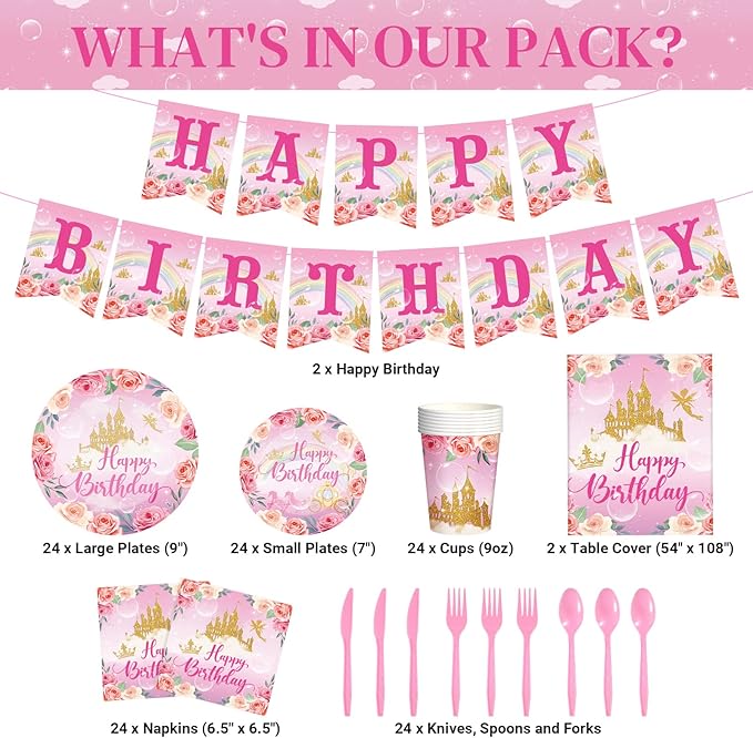 172 Pcs Princess Birthday Party Supplies Serves 24 Include Castle