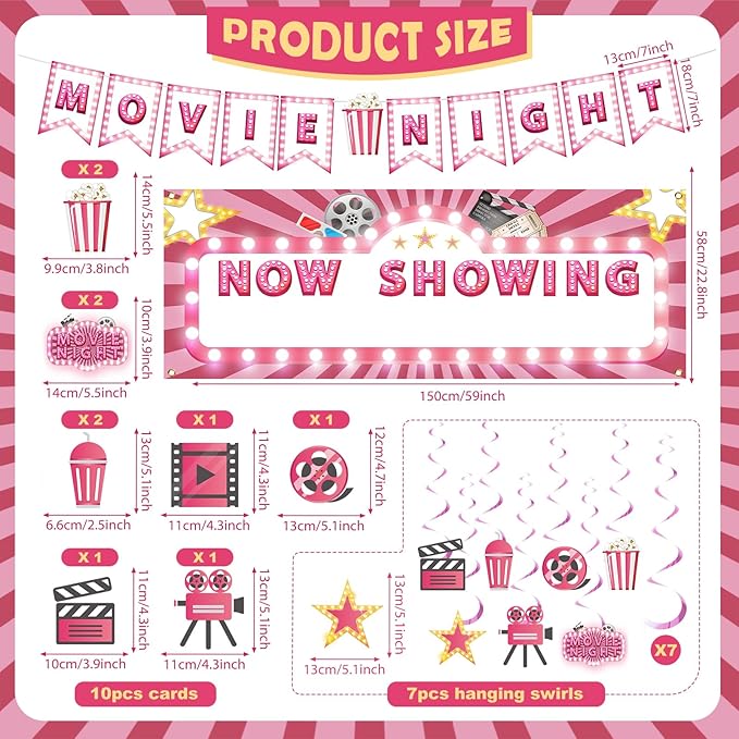 Pink Movie Night Party Decorations 36Pcs Now Showing Party Supplies