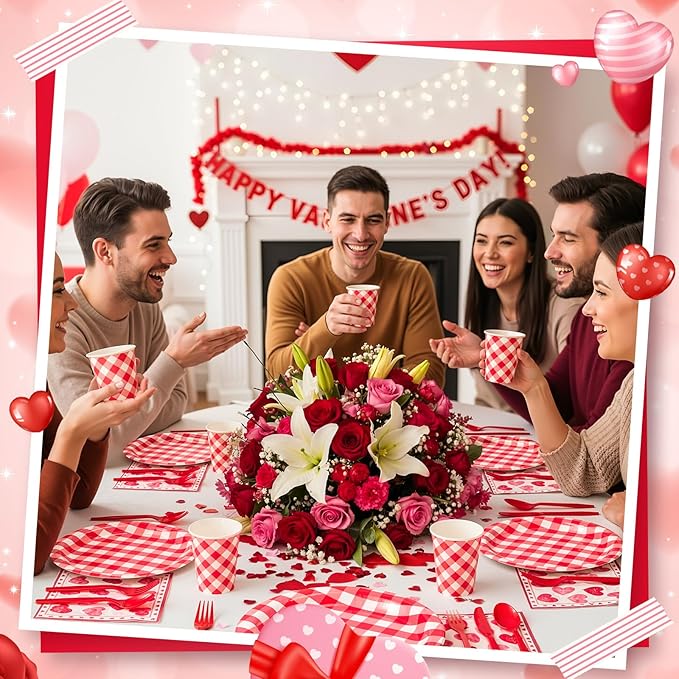 350 Pcs Valentines Party Supplies Set for 50 Guests Red Heart Paper