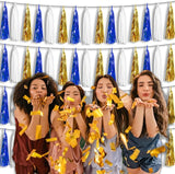4 Pack Navy-Blue White and Gold Foil Fringe Tassel Banner Garland