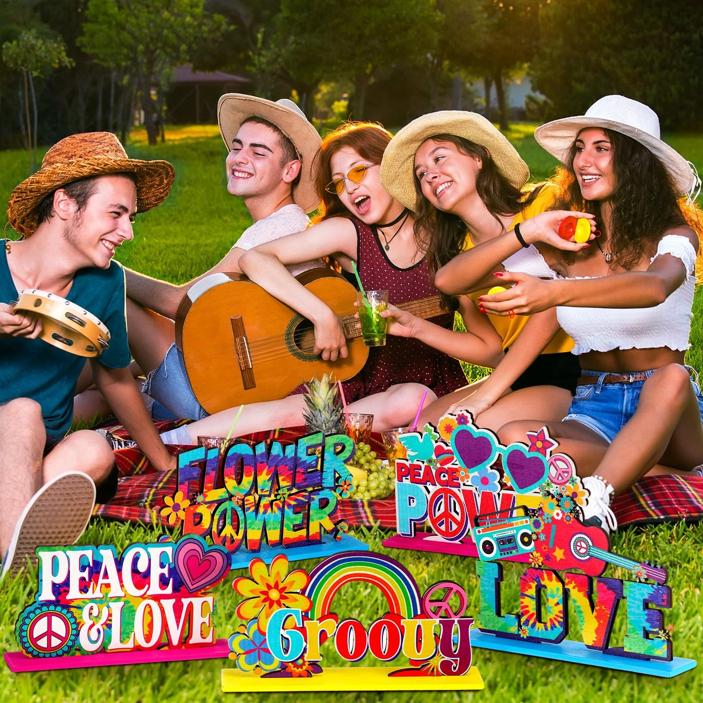 Geetery 6 Pcs 60's Hippie Party Supplies - Groovy Wooden Centerpieces