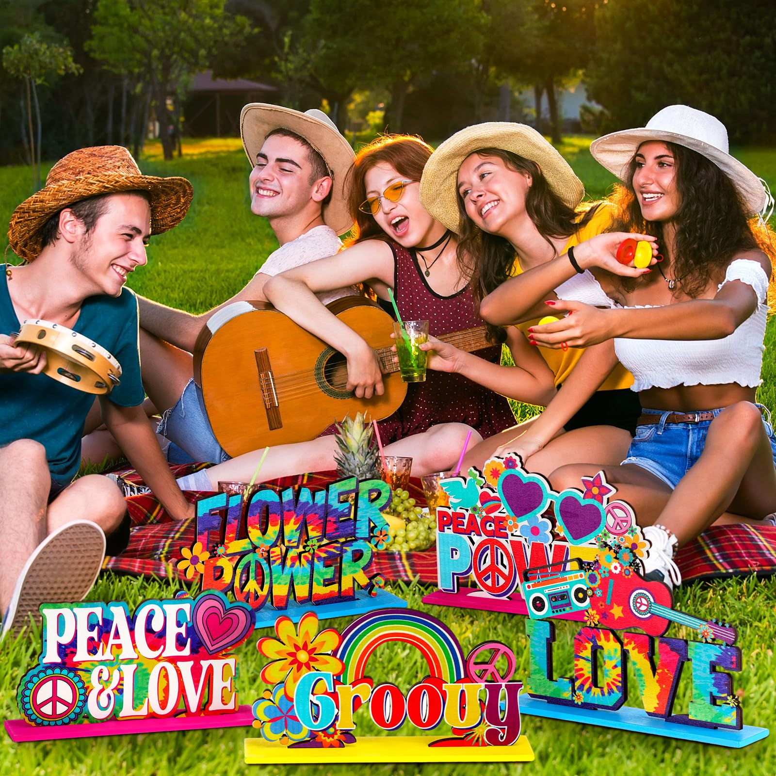 Geetery 6 Pcs 60's Hippie Party Supplies - Groovy Wooden Centerpieces