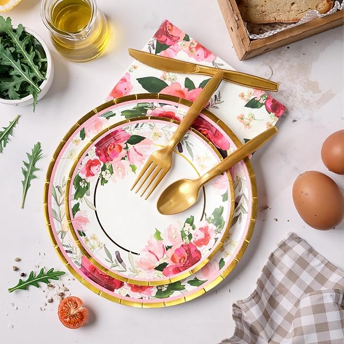 168Pcs Paper Plates Floral Rose Gold Party Plates and Napkins