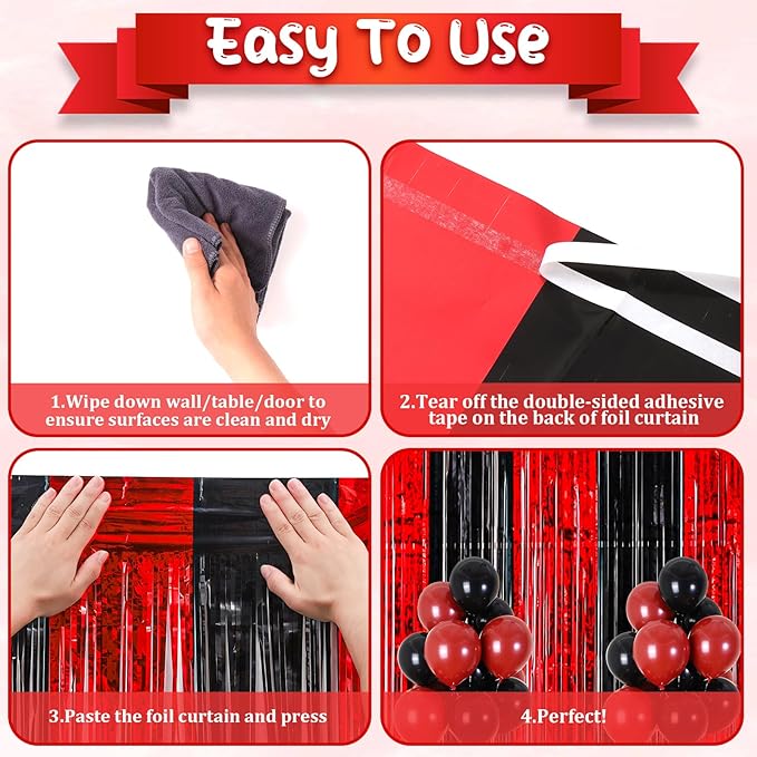 Voircoloria 4 Pack 3.3x8.2 Feet Red and Black Foil Fringe Backdrop