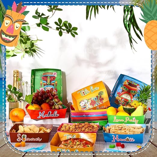 48 Pack Hawaii Party Paper Tray Aloha 5lb Tiki Paper Disposable Boat