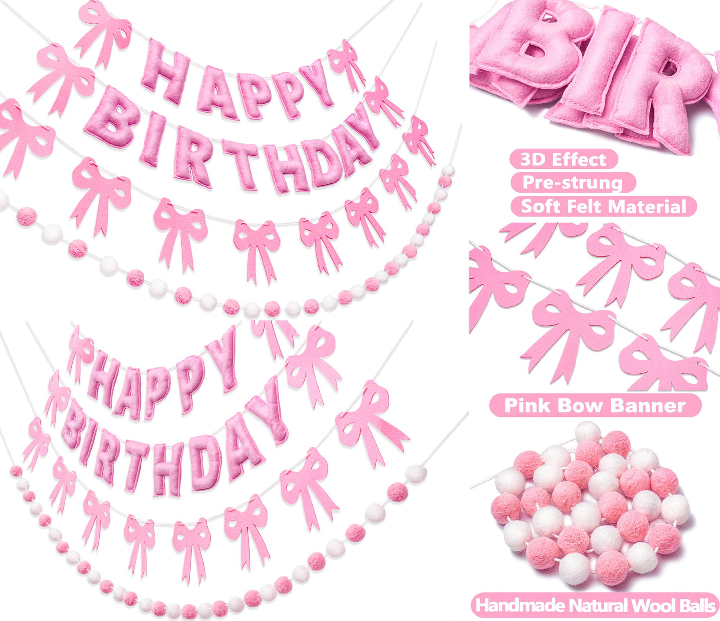 Pre-Strung Pink Bow Birthday Decorations, Reusable Coquette Party