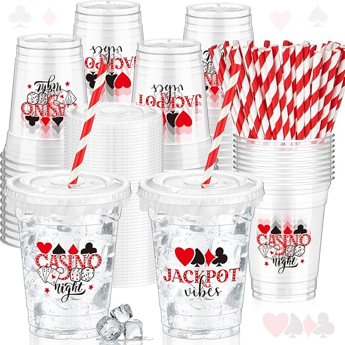 50 Pcs Casino Night Cups 12 oz Disposable Plastic Cups with Straws
