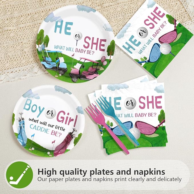 Grencian 96Pcs Golf Gender Reveal Party Supplies He She Theme Plates