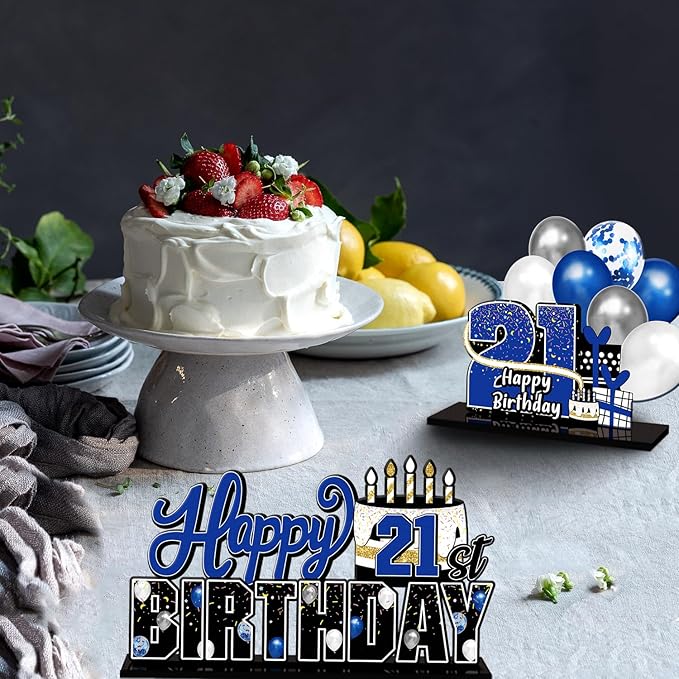 LINGTEER Happy 21st Birthday Blue Acrylic Table Topper Centerpieces