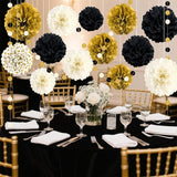 Black and Gold Party Decorations 16 PCS Tissue Paper Pom Poms Dots