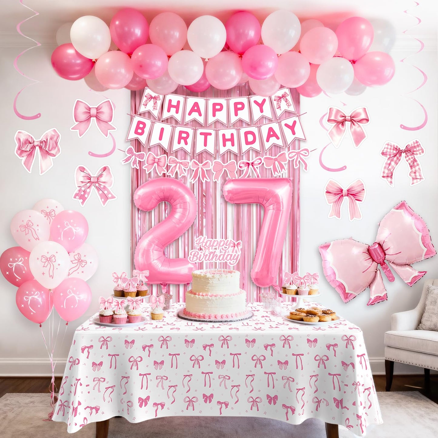 27th Pink Birthday Decorations for Women, Pink Bow Coquette Birthday