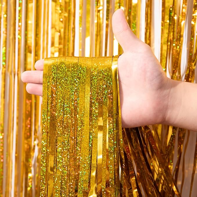 Voircoloria 3 Pack 3.3 x 8.2 ft Laser Gold Foil Fringe Backdrop