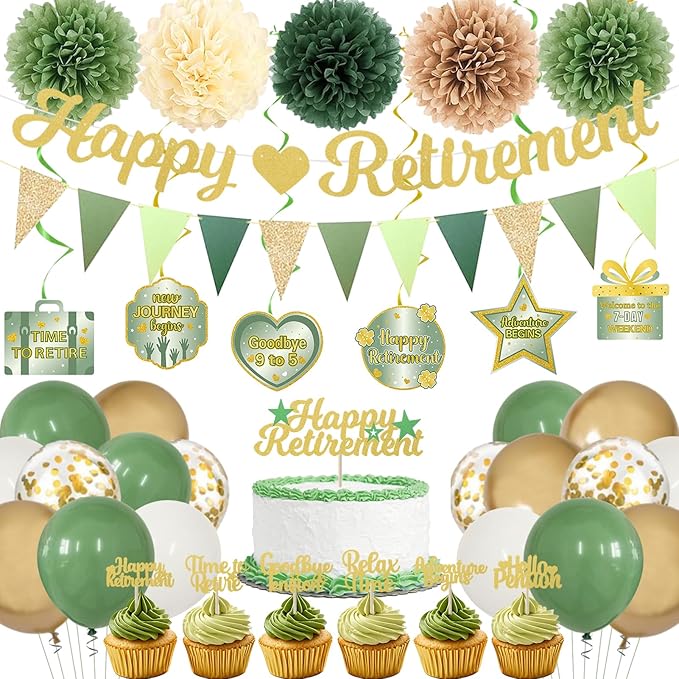 Retirement Party Decorations Women Men Green Happy Retirement Banner