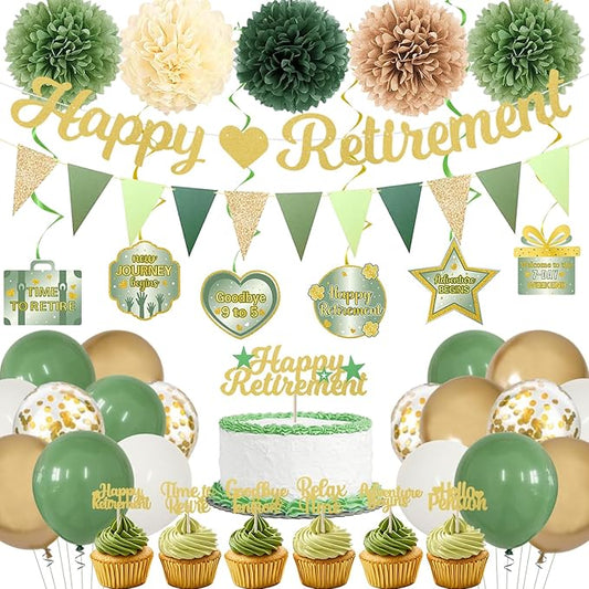 Retirement Party Decorations Women Men Green Happy Retirement Banner