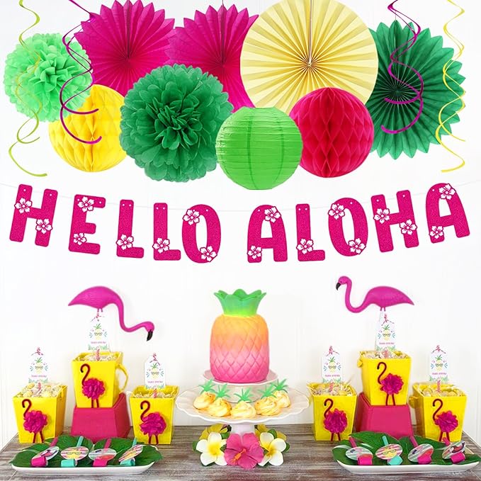 Hawaiian Aloha Luau Flamingo Party Decorations Supplies 21pcs Hello