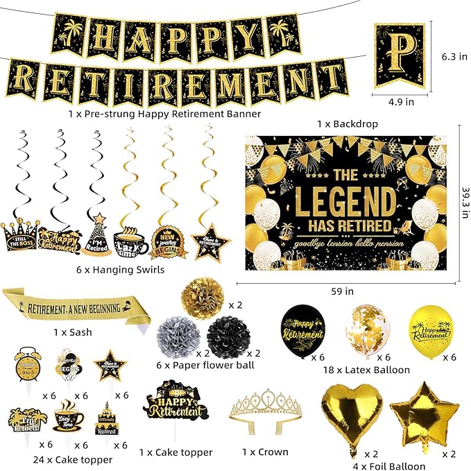 Elegant gold Retirement Decorations Kit for Women ang man Features