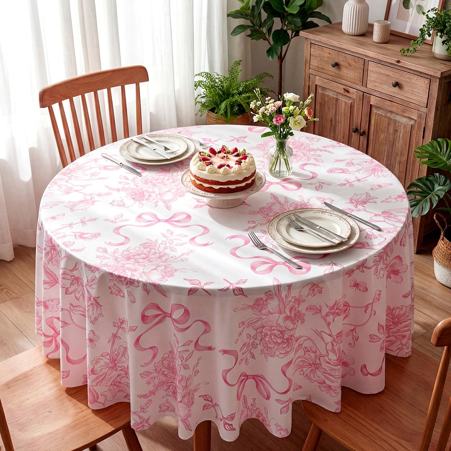 Ganeen 12 Pcs Pink Floral Bow Plastic Tablecloth Flower Round Vintage