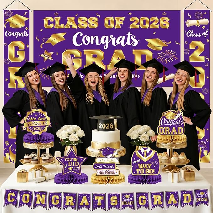 Graduation Decorations Class of 2026 Purple and Gold Graduation