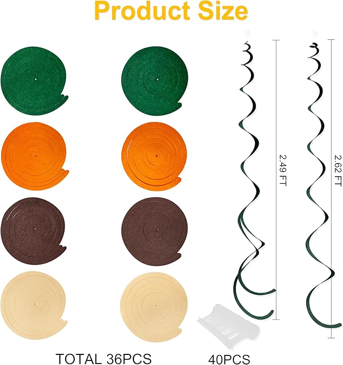 36 Pcs Green Brown Orange Beige Hanging Swirl Decorations Felt Swirl