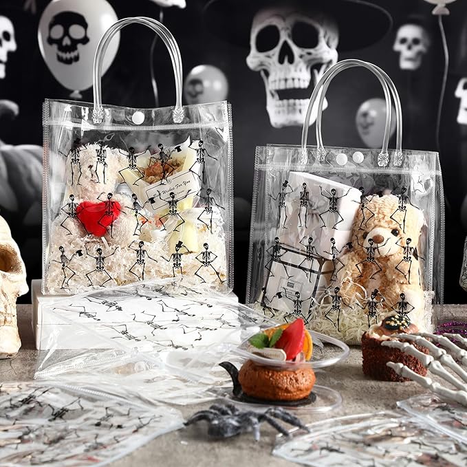 24 Pcs Halloween Clear Gift Bags Skeleton Plastic Bags with Handles