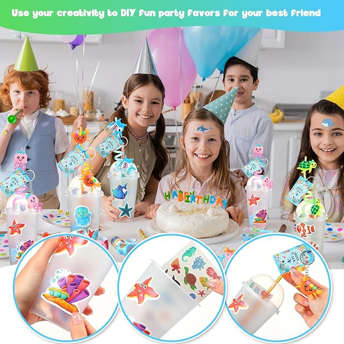 172 Pcs Under the Sea Party Favors Set Include Cup Straw Stamp Clap