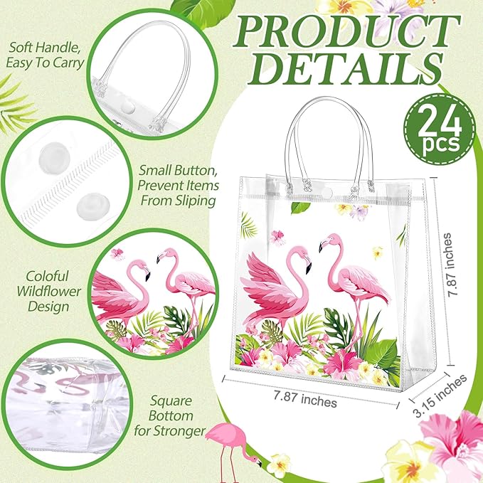 24 Pcs Flamingo Clear PVC Gift Bags with Handles Tropical Party
