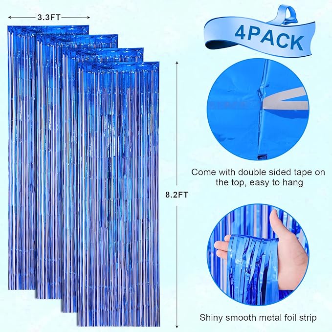 Voircoloria 4 Pack Blue Foil Fringe Backdrop Curtains, Tinsel