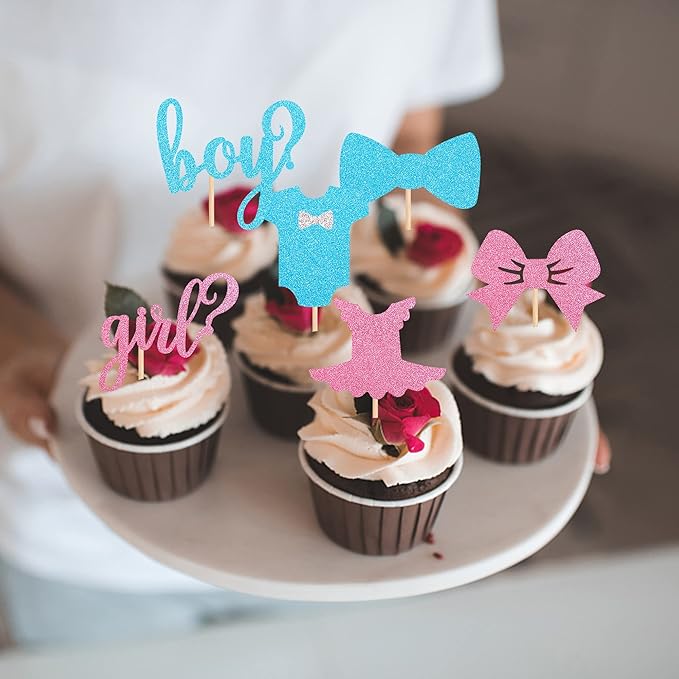 24 Pack Boy or Girl Cupcake Toppers Pink and Blue Glitter Baby