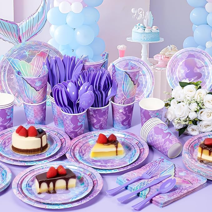 Purple Mermaid Party Tableware Supplies 168PCS Mermaid Plates